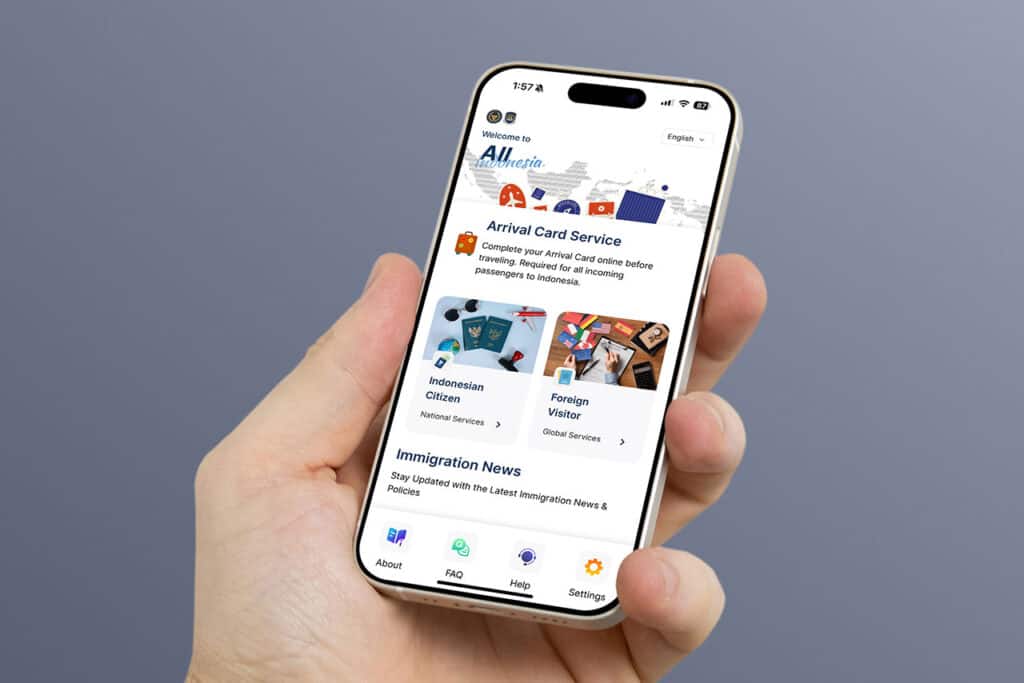 A hand holds a smartphone displaying the All Indonesia app, offering arrival card services for citizens and foreign visitors, along with the latest immigration news updates.